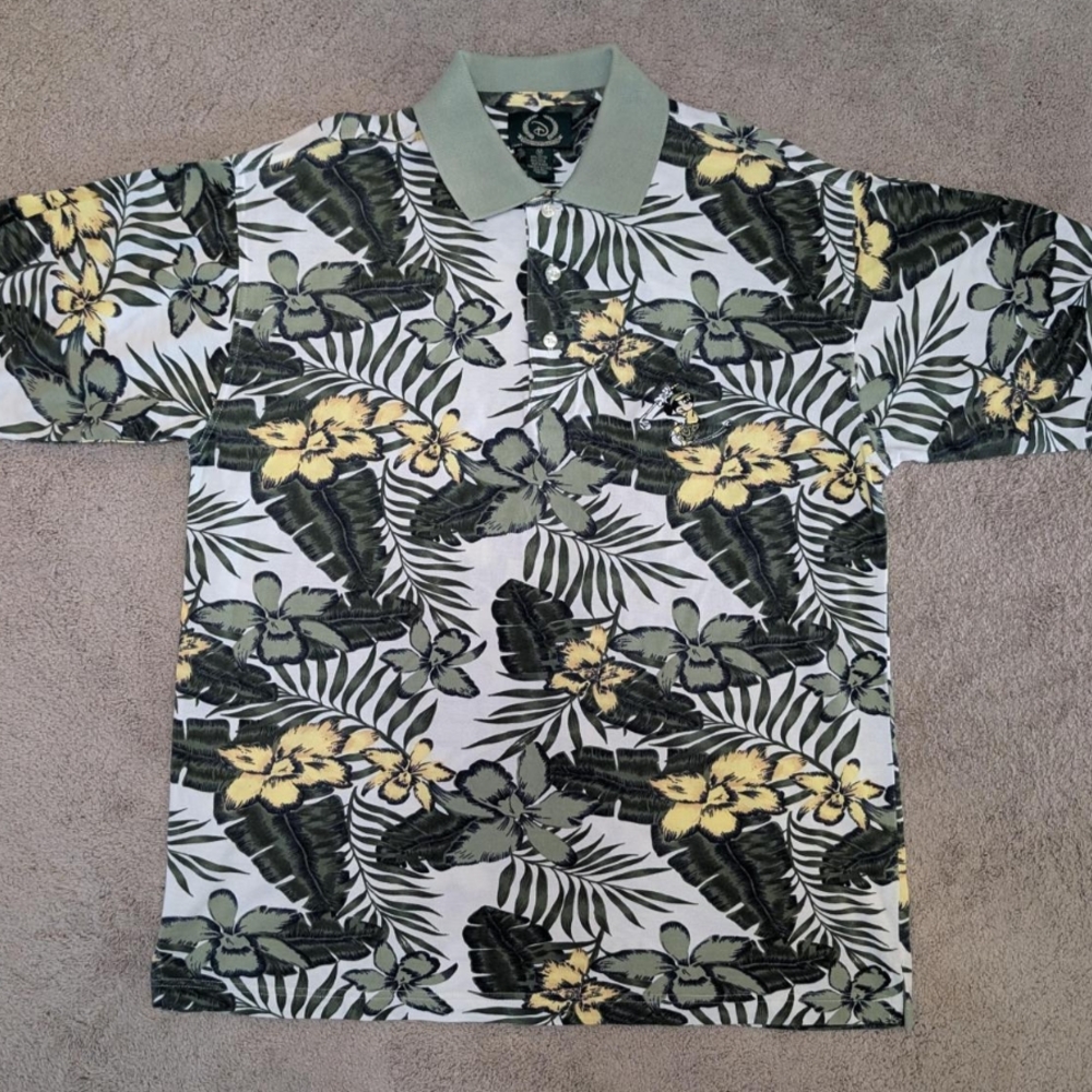 Vintage Disney Floral Pattern Polo Shirt - Green and Yellow